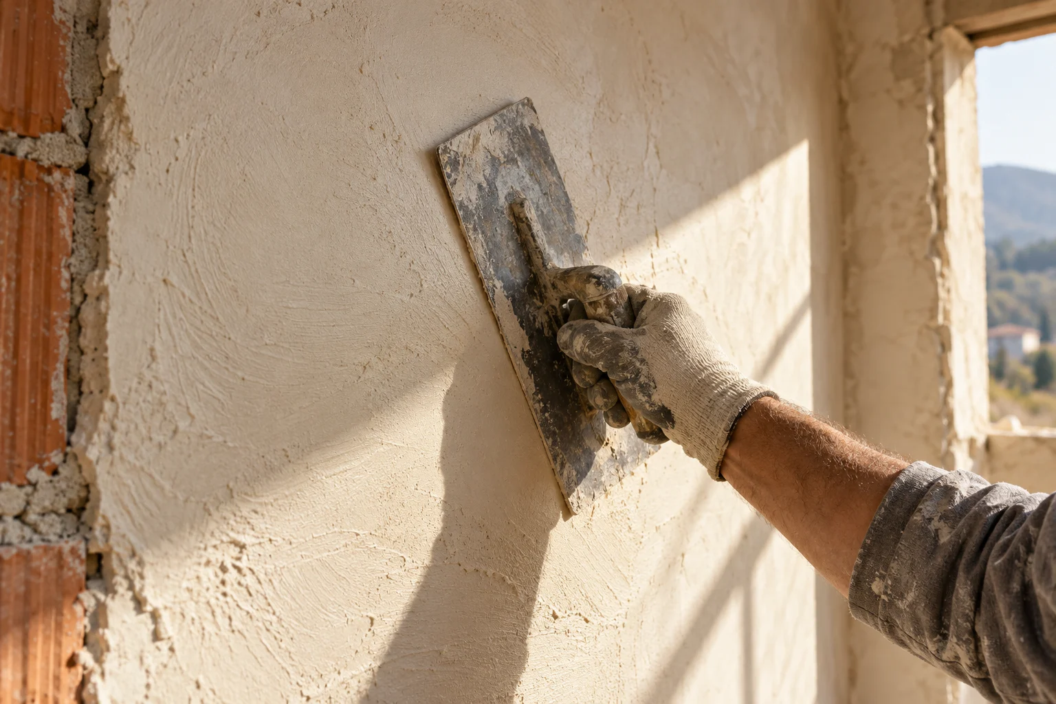 Lime plaster being finished with a steel trowel