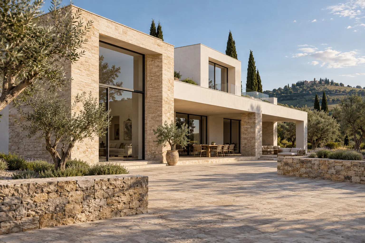 Stone and plaster architecture opening onto a paved terrace