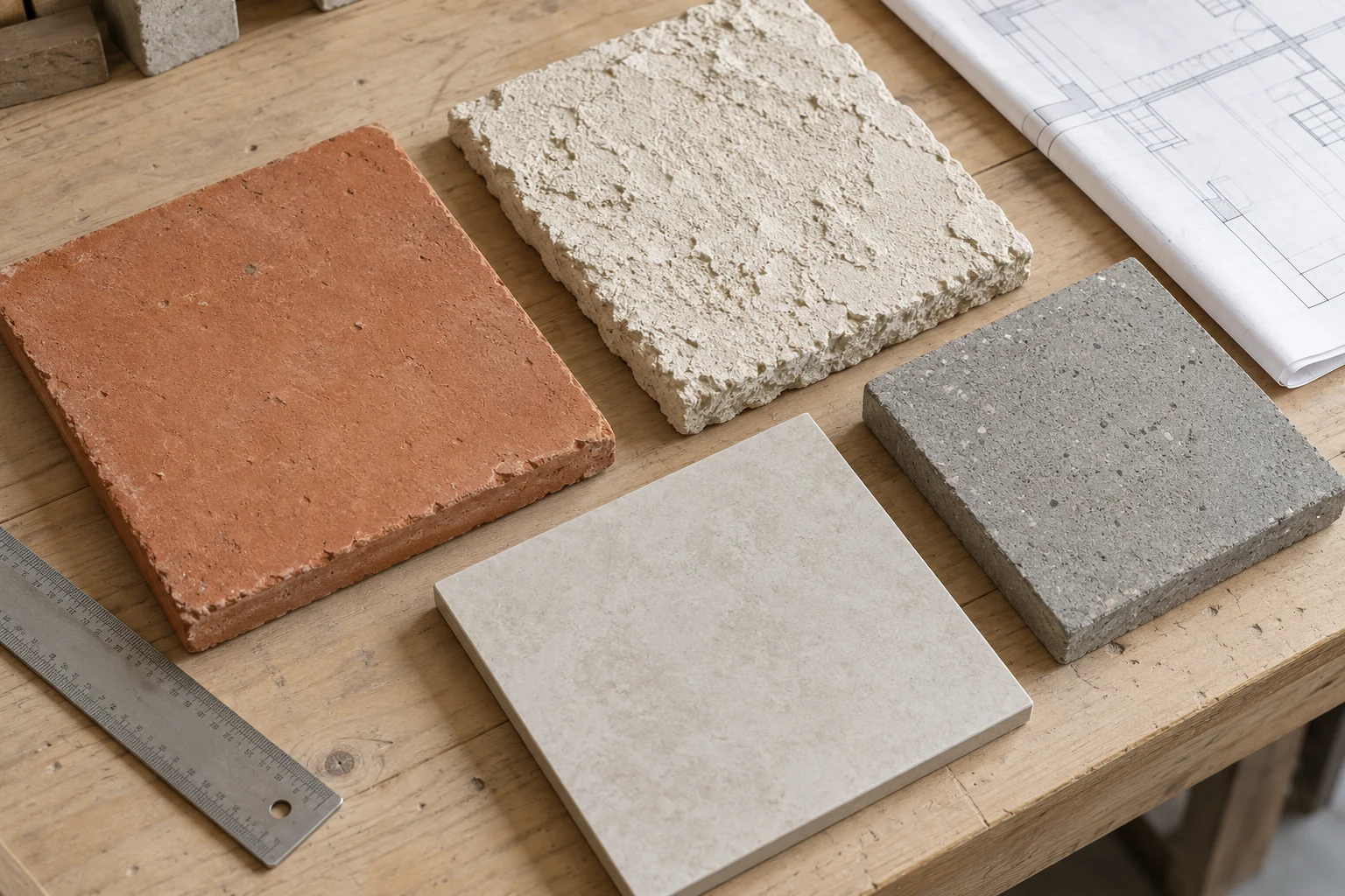 Terracotta, plaster, concrete and porcelain surface samples